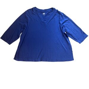 Lands' End Women's 1X Blue 3/4 Sleeve V-Neck T-Shirt Top Plus Size Casual Blouse